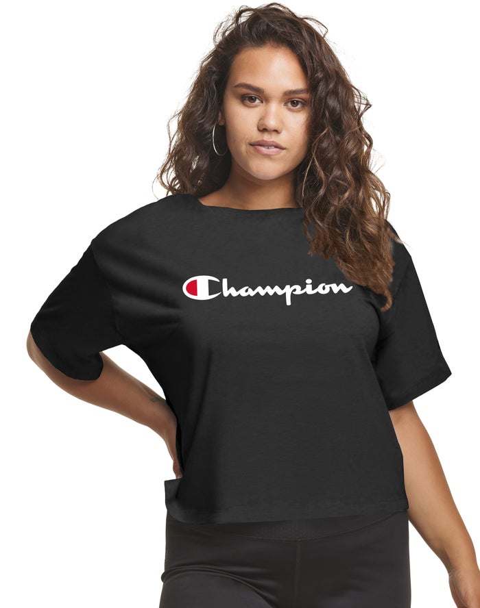 Champion Dame T-Shirts Sort - Plus Cropped Script C Logo - Danmark RPH-908531